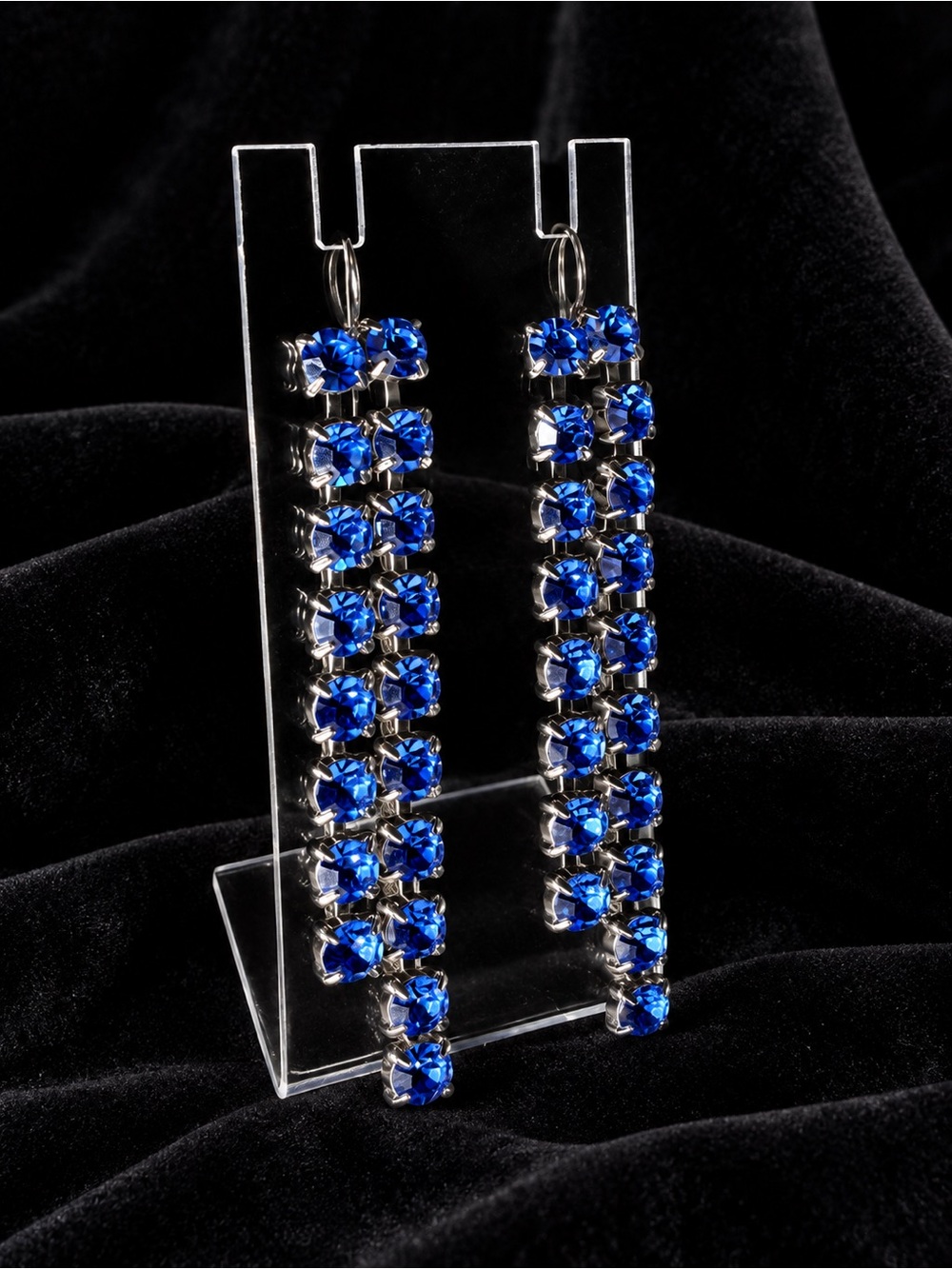 Long Drop Blue Crystal Earrings - Silver Tone